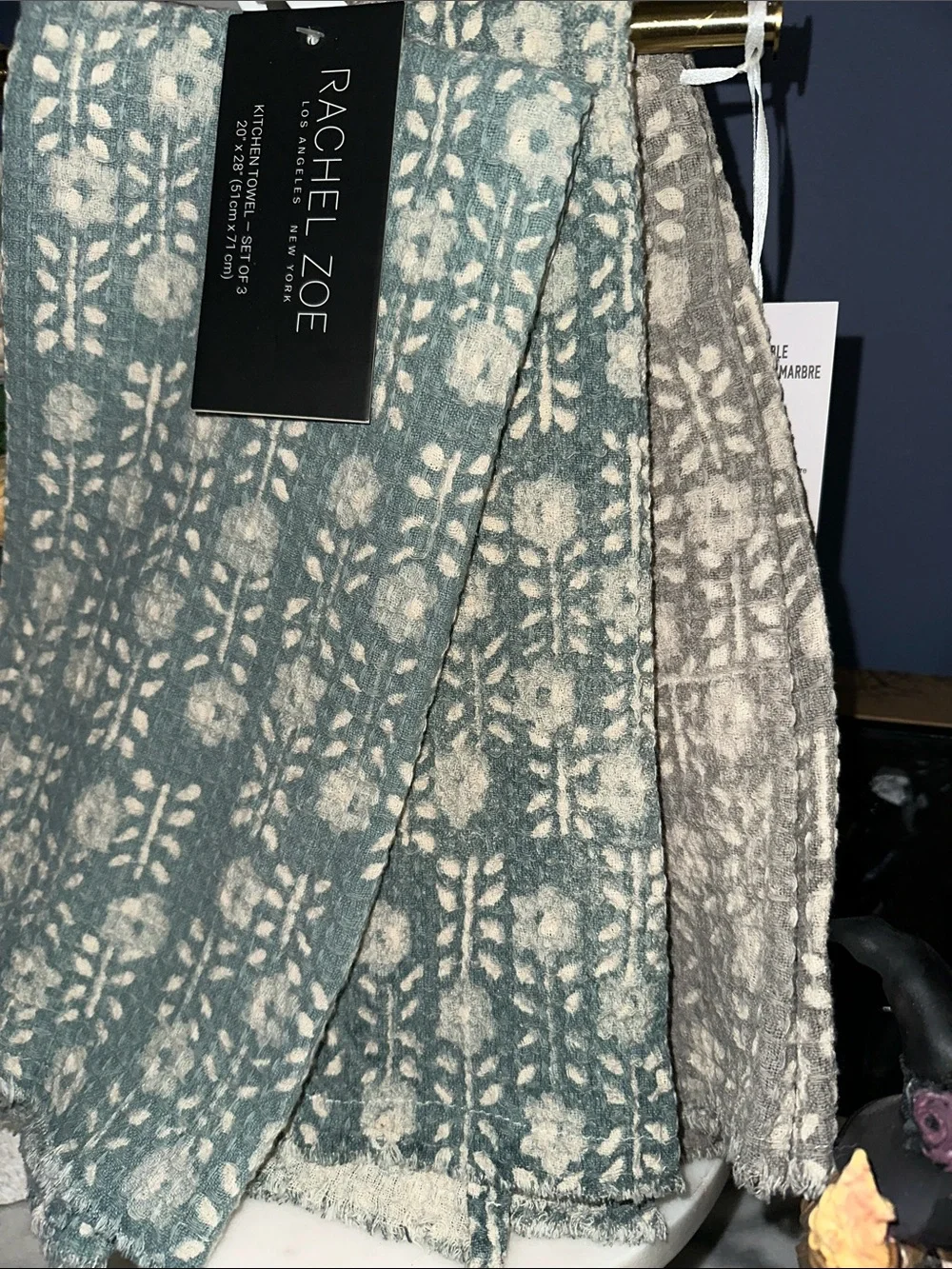Rachel Zoe Moody  block print Floral Waffle kitchen towels set of 3